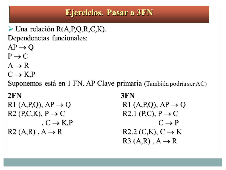 Ejercicios. Pasar a 3FN  Una relación R(A,P,Q,R,C,K).