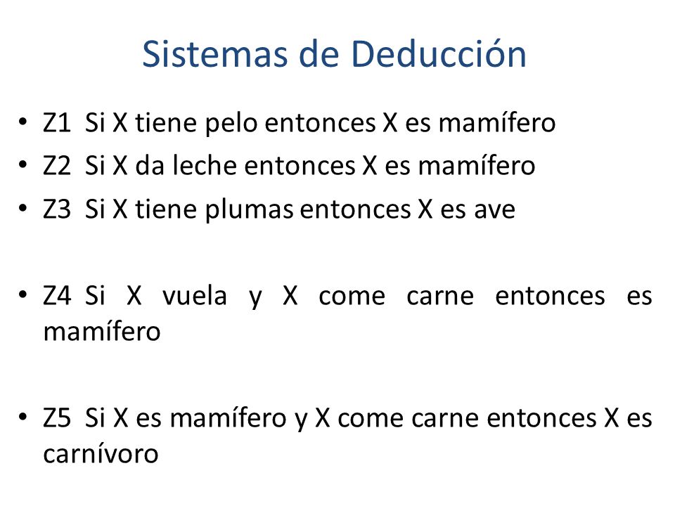 Sistemas de Deducción Z1 Si X tiene pelo entonces X es mamífero