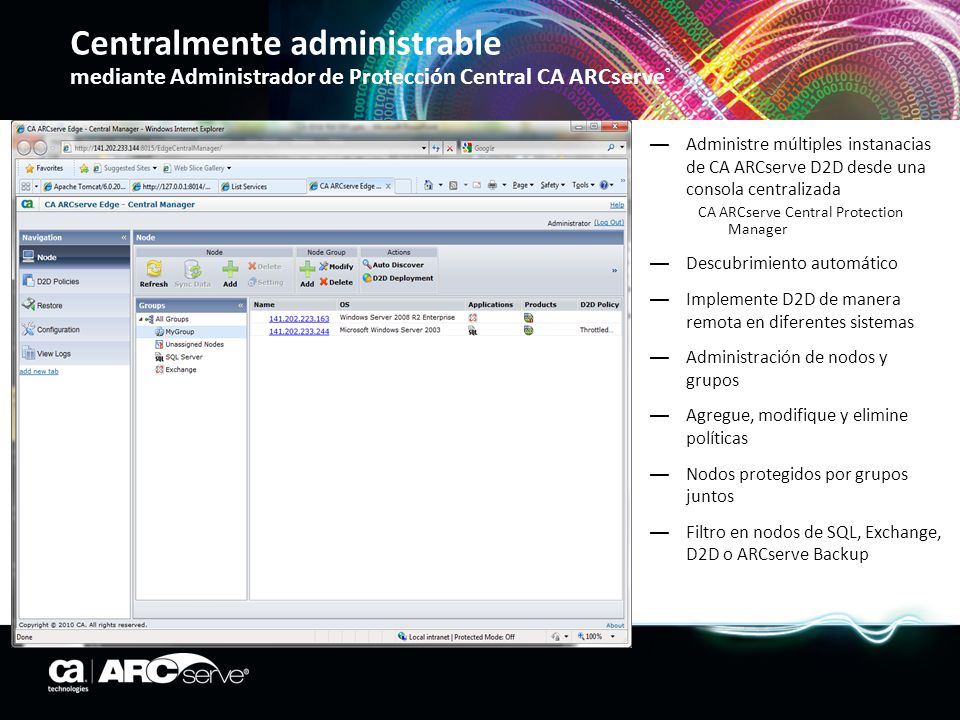 Centralmente administrable mediante Administrador de Protección Central CA ARCserve®