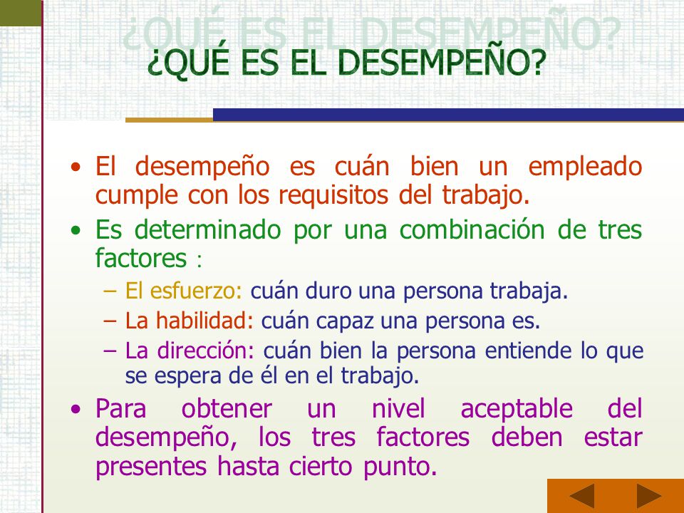 ¿QUÉ ES EL DESEMPEÑO El desempeño es cuán bien un empleado cumple con los requisitos del trabajo.