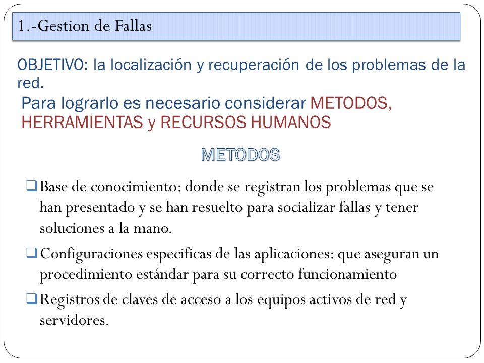 1.-Gestion de Fallas OBJETIVO: la localización y recuperación de los problemas de la red.