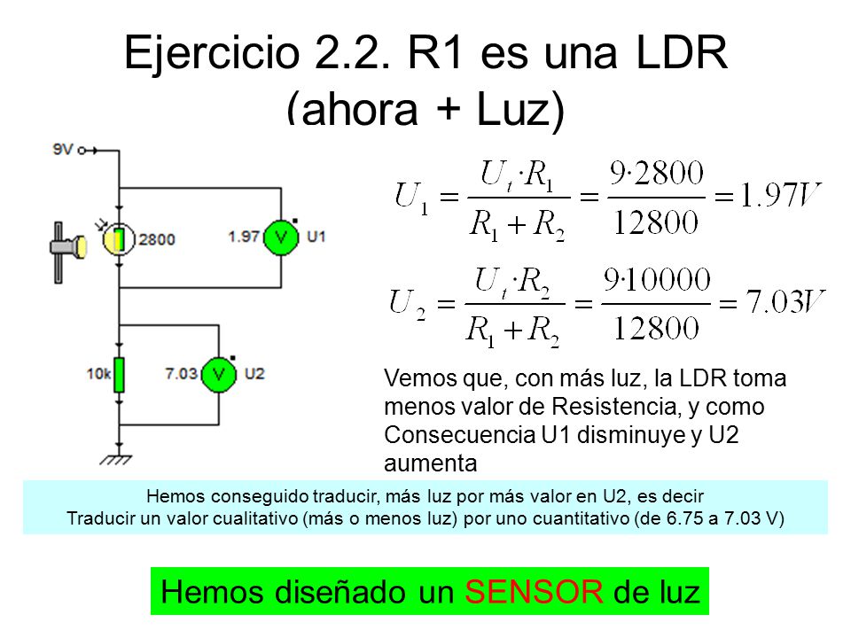 Ejercicio 2.2. R1 es una LDR (ahora + Luz)