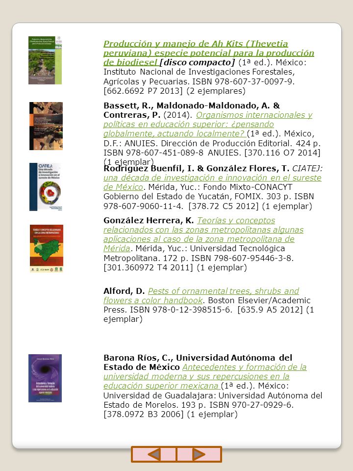 Producción y manejo de Ah Kits (Thevetia peruviana) especie potencial para la producción de biodiesel [disco compacto] (1ª ed.). México: Instituto Nacional de Investigaciones Forestales, Agrícolas y Pecuarias. ISBN [ P7 2013] (2 ejemplares)