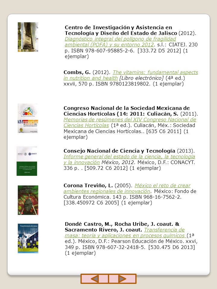 Centro de Investigación y Asistencia en Tecnología y Diseño del Estado de Jalisco (2012). Diagnóstico integral del polígono de fragilidad ambiental (POFA) y su entorno s.l.: CIATEJ. 230 p. ISBN [ D5 2012] (1 ejemplar)