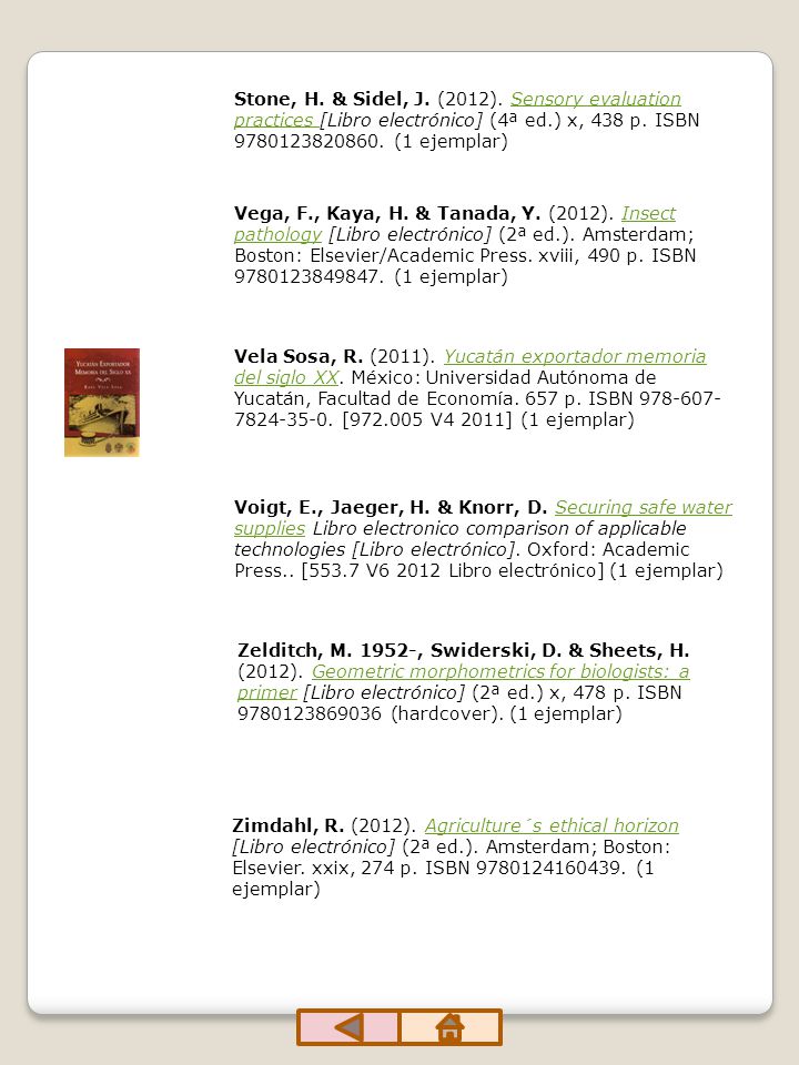 Stone, H. & Sidel, J. (2012). Sensory evaluation practices [Libro electrónico] (4ª ed.) x, 438 p. ISBN (1 ejemplar)