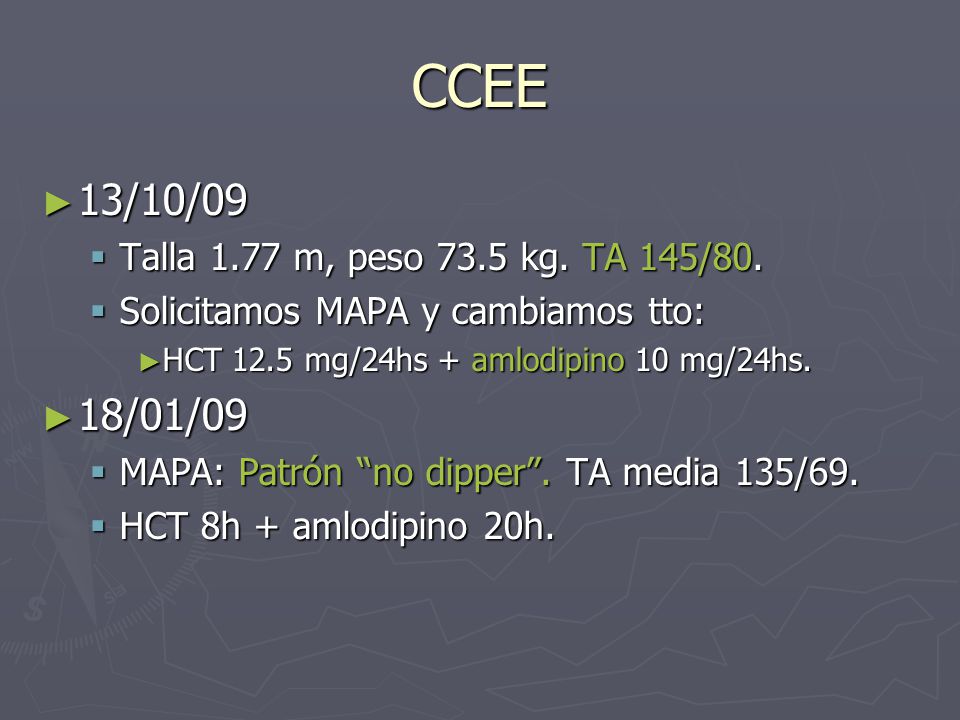 CCEE 13/10/09 18/01/09 Talla 1.77 m, peso 73.5 kg. TA 145/80.