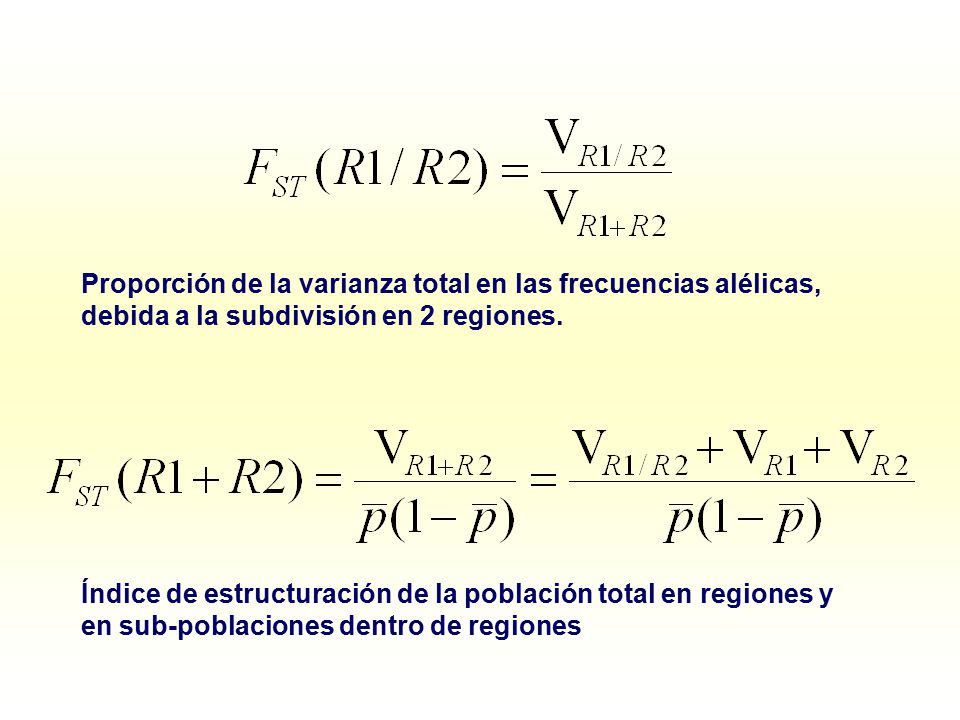 Proporción de la varianza total en las frecuencias alélicas, debida a la subdivisión en 2 regiones.