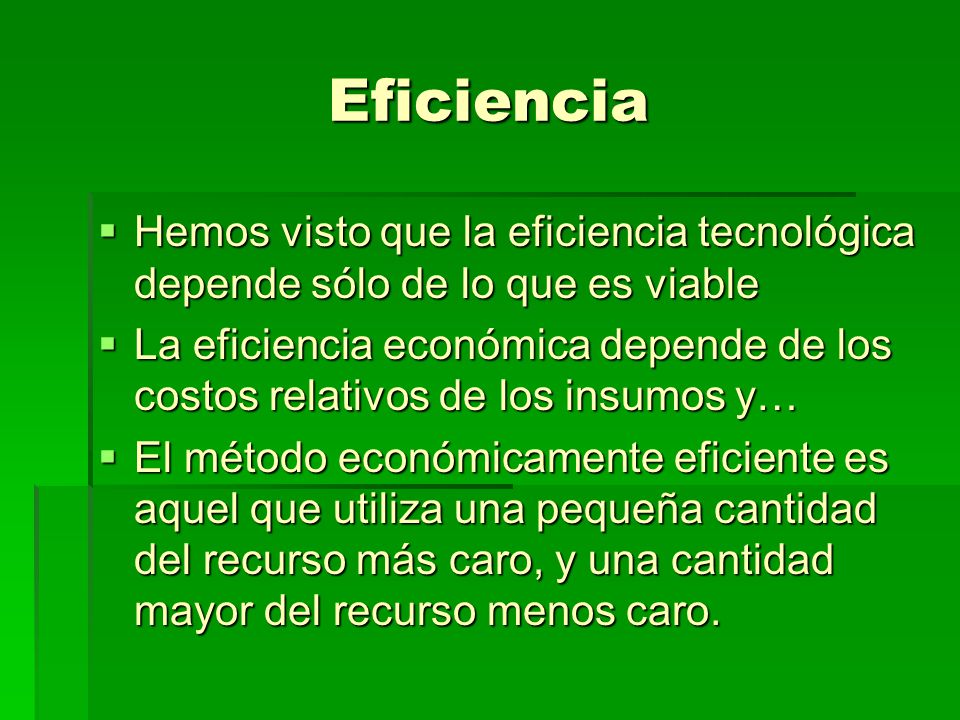 Eficiencia Hemos visto que la eficiencia tecnológica depende sólo de lo que es viable.