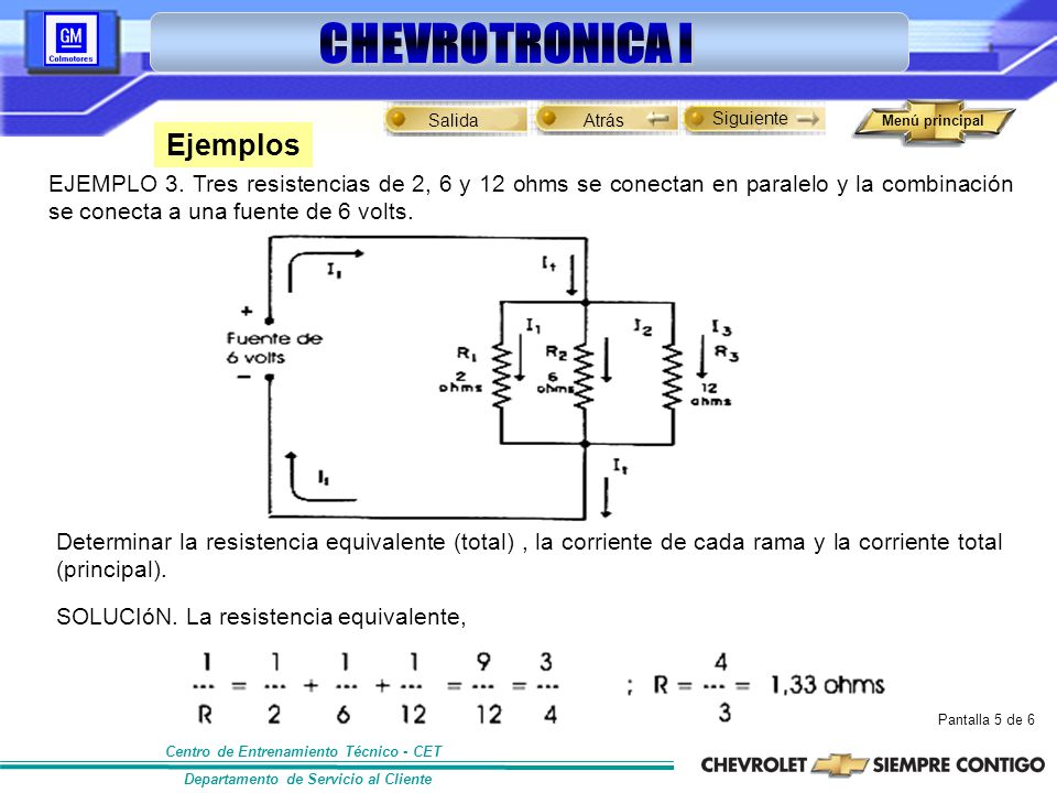 Ejemplos EJEMPLO 3. Tres resistencias de 2, 6 y 12 ohms se conectan en paralelo y la combinación se conecta a una fuente de 6 volts.