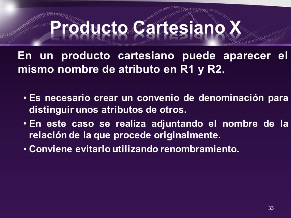 Producto Cartesiano X En un producto cartesiano puede aparecer el mismo nombre de atributo en R1 y R2.