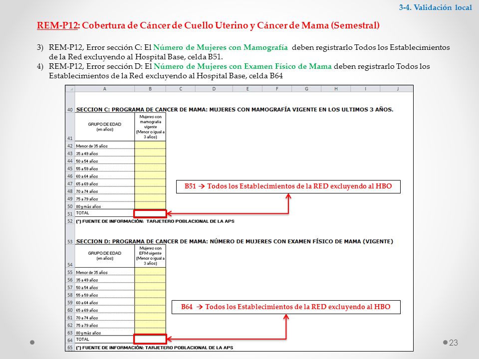 3-4. Validación local REM-P12: Cobertura de Cáncer de Cuello Uterino y Cáncer de Mama (Semestral)