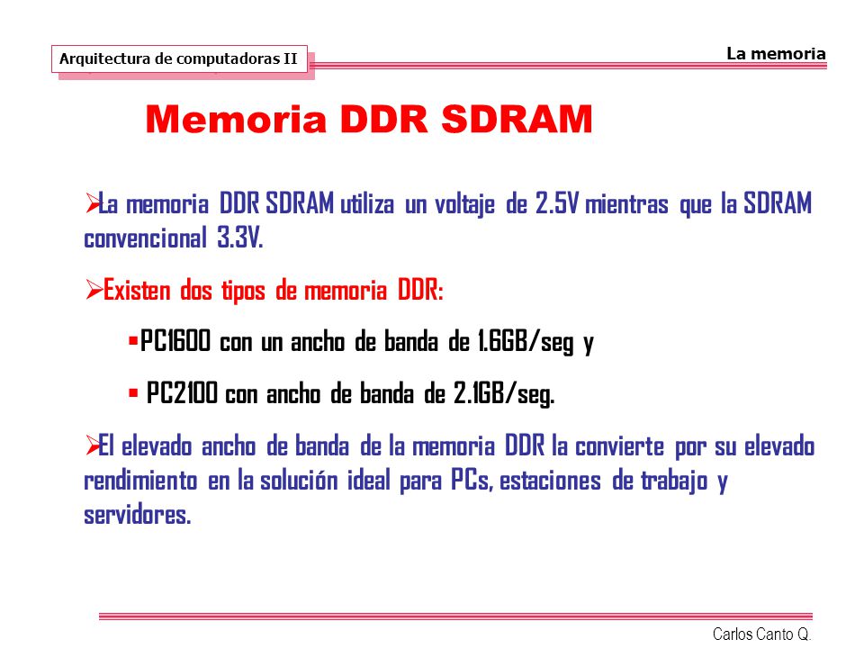 La memoria Arquitectura de computadoras II. Memoria DDR SDRAM.
