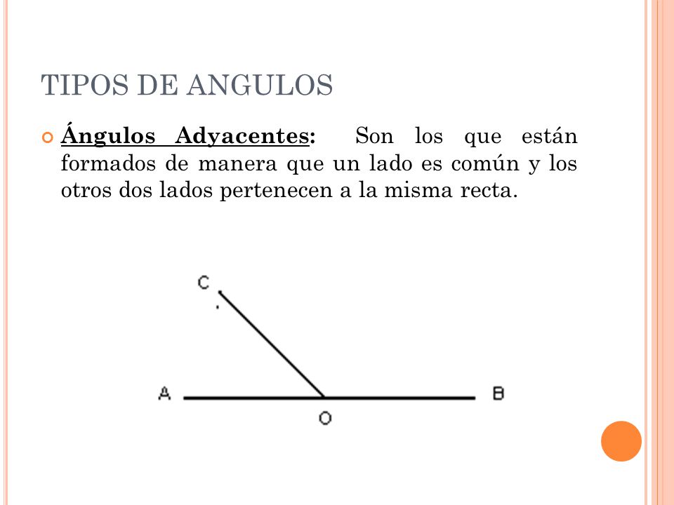 TIPOS DE ANGULOS Ángulos Adyacentes: Son los que están formados de manera que un lado es común y los otros dos lados pertenecen a la misma recta.