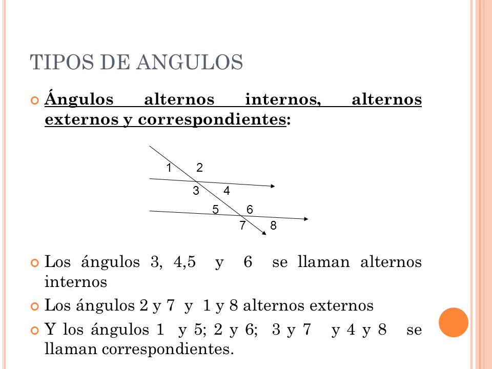 TIPOS DE ANGULOS Ángulos alternos internos, alternos externos y correspondientes: Los ángulos 3, 4,5 y 6 se llaman alternos internos.