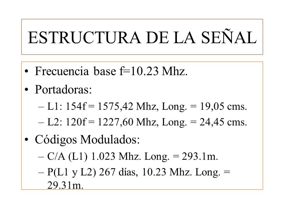ESTRUCTURA DE LA SEÑAL Frecuencia base f=10.23 Mhz. Portadoras: