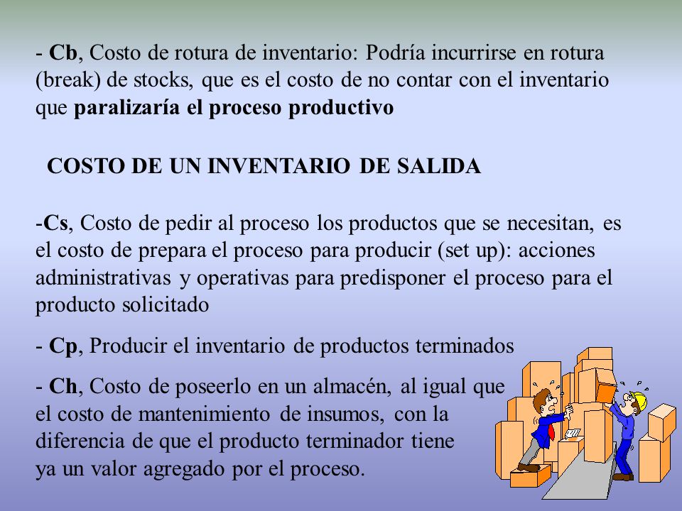 - Cb, Costo de rotura de inventario: Podría incurrirse en rotura (break) de stocks, que es el costo de no contar con el inventario que paralizaría el proceso productivo