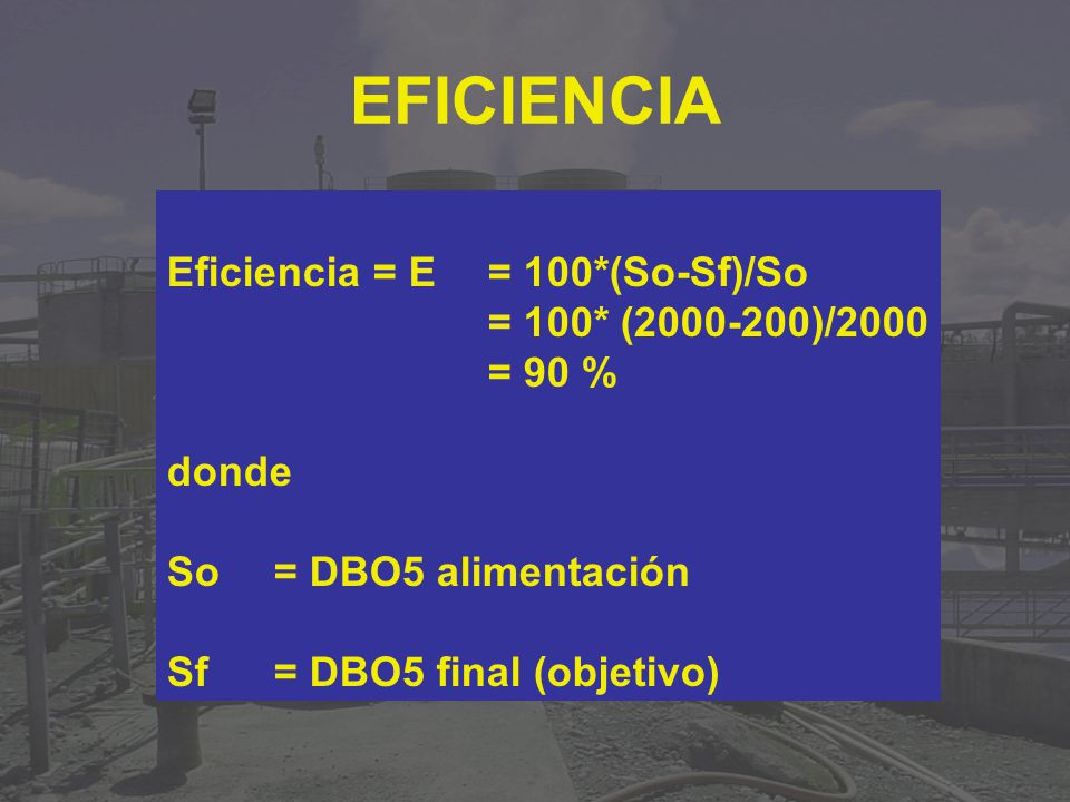 EFICIENCIA Eficiencia = E = 100*(So-Sf)/So = 100* ( )/2000