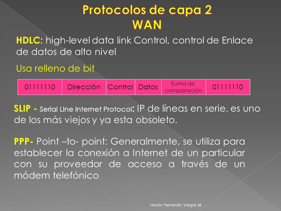 Protocolos de capa 2 WAN HDLC: high-level data link Control, control de Enlace de datos de alto nivel.