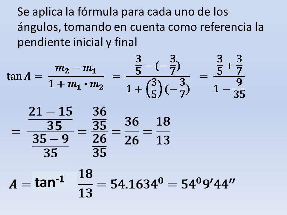 Se aplica la fórmula para cada uno de los ángulos, tomando en cuenta como referencia la pendiente inicial y final