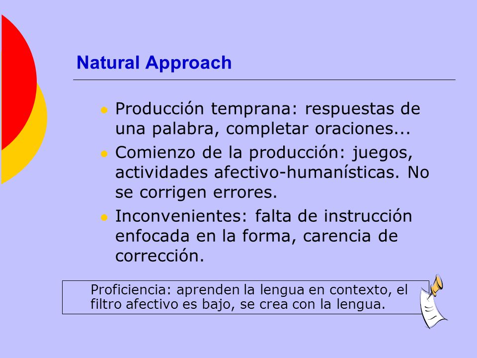 Natural Approach Producción temprana: respuestas de una palabra, completar oraciones...