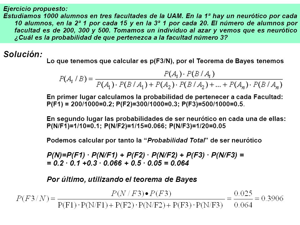 Solución: P(N)=P(F1) · P(N/F1) + P(F2) · P(N/F2) + P(F3) · P(N/F3) =