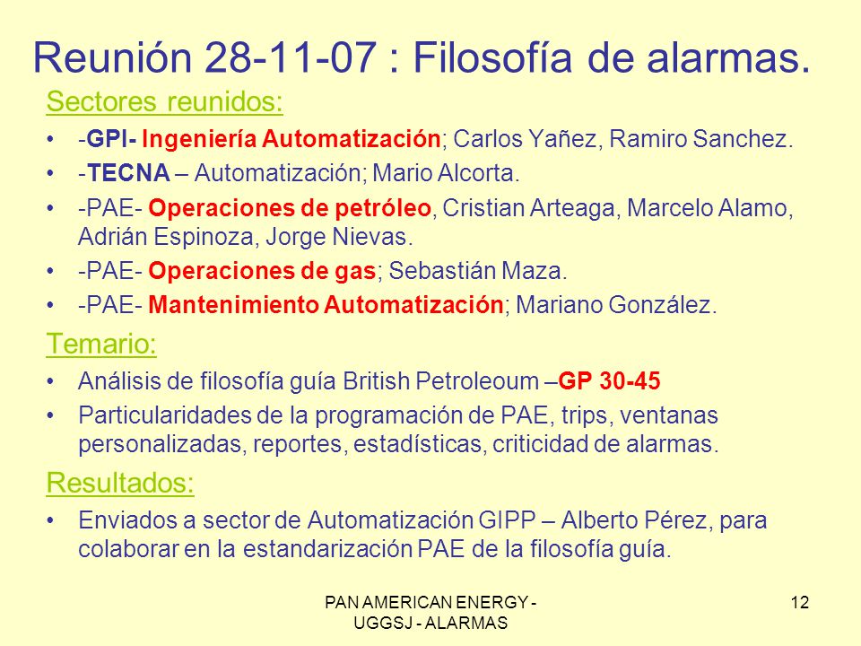 Reunión : Filosofía de alarmas.