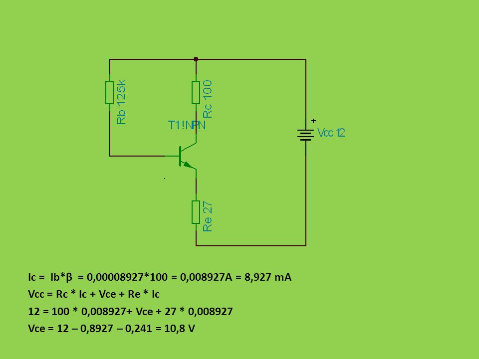 Ic = Ib*β = 0, *100 = 0,008927A = 8,927 mA Vcc = Rc * Ic + Vce + Re * Ic. 12 = 100 * 0, Vce + 27 * 0,