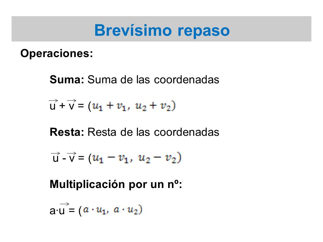 Brevísimo repaso Operaciones: Suma: Suma de las coordenadas u + v = (