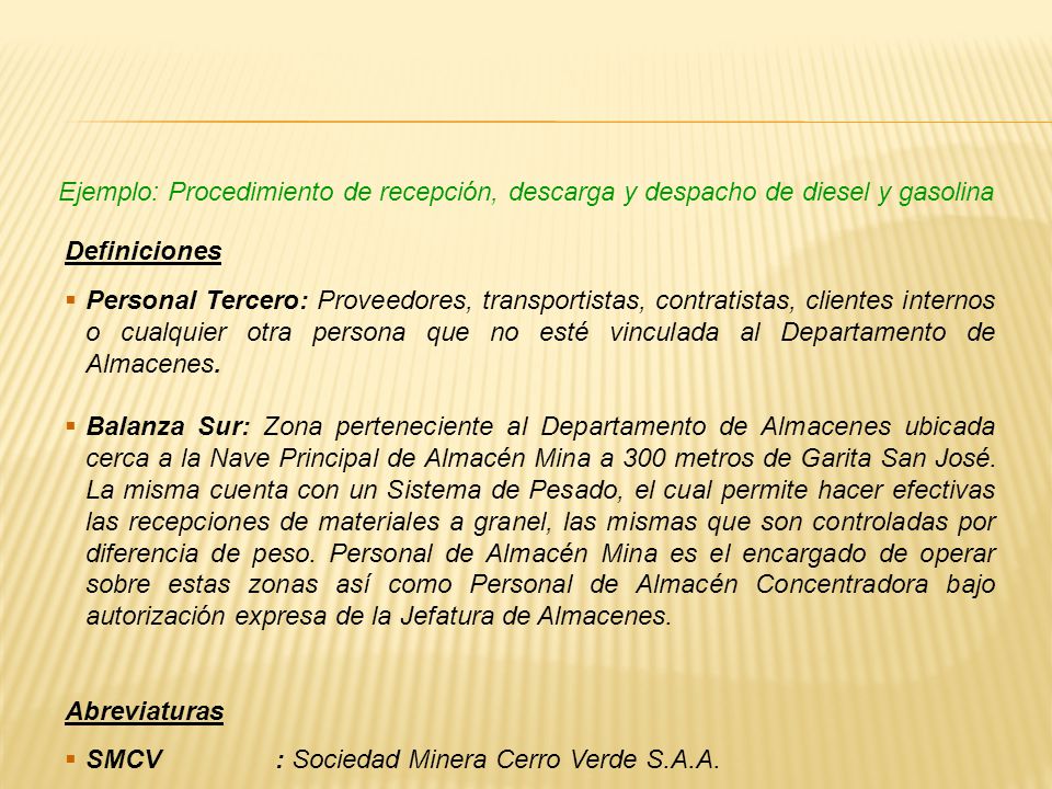 Ejemplo: Procedimiento de recepción, descarga y despacho de diesel y gasolina
