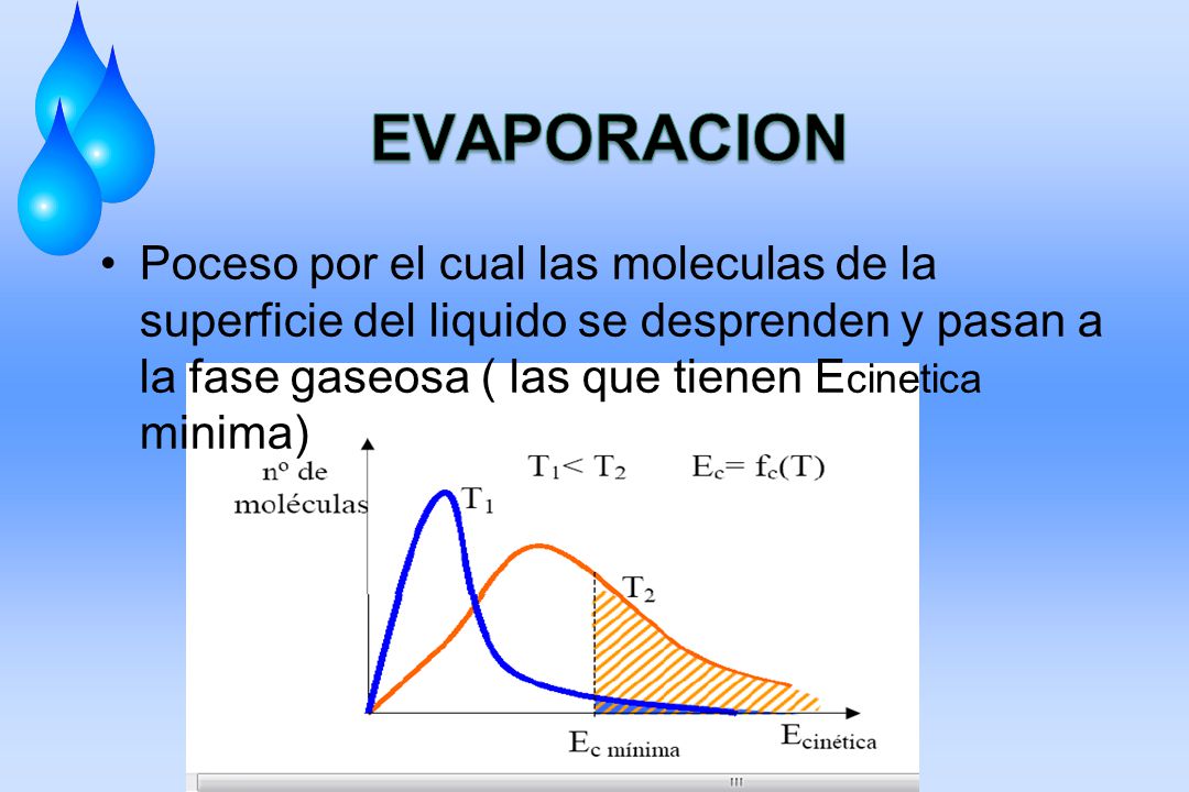 EVAPORACION Poceso por el cual las moleculas de la superficie del liquido se desprenden y pasan a la fase gaseosa ( las que tienen Ecinetica minima)