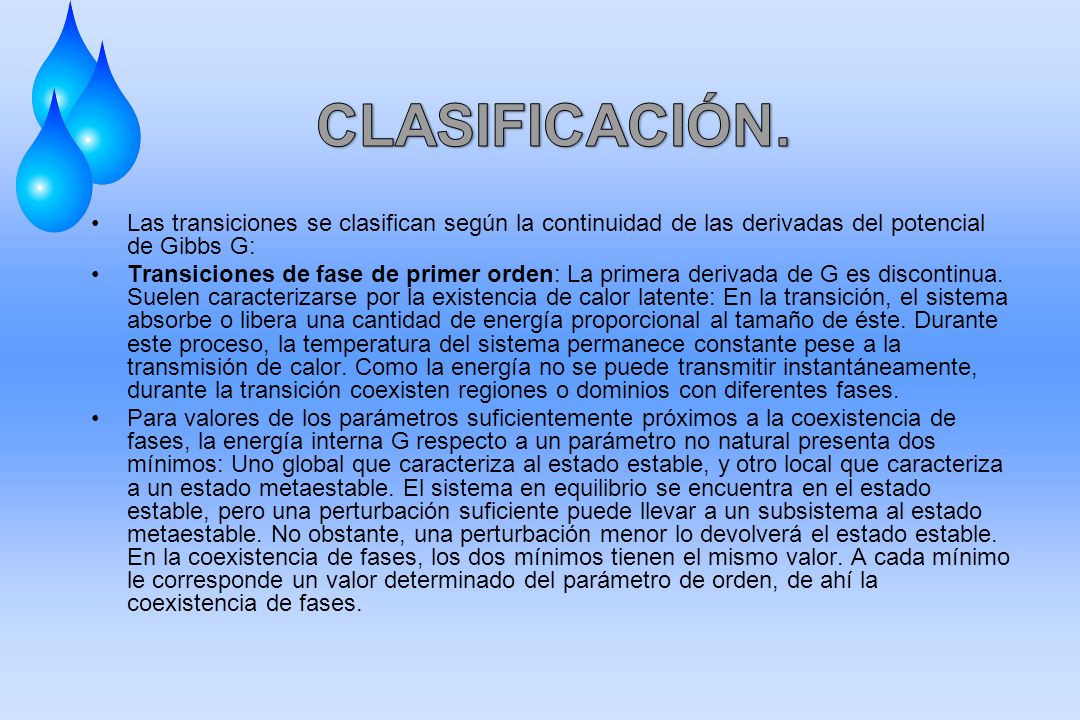 CLASIFICACIÓN. Las transiciones se clasifican según la continuidad de las derivadas del potencial de Gibbs G: