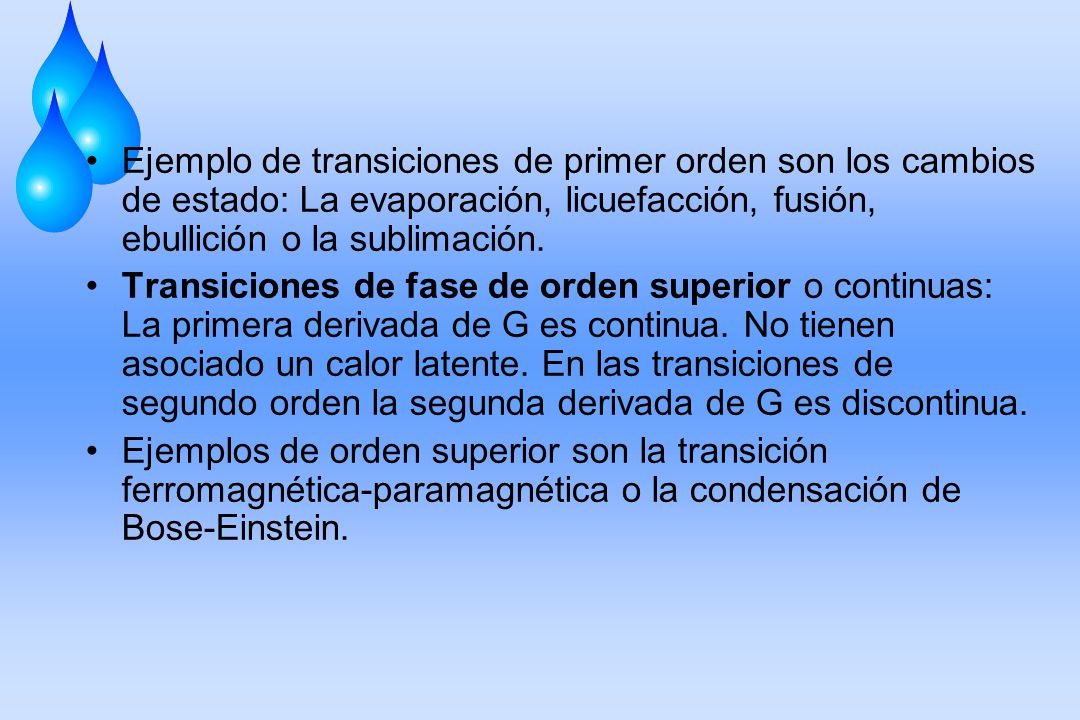 Ejemplo de transiciones de primer orden son los cambios de estado: La evaporación, licuefacción, fusión, ebullición o la sublimación.