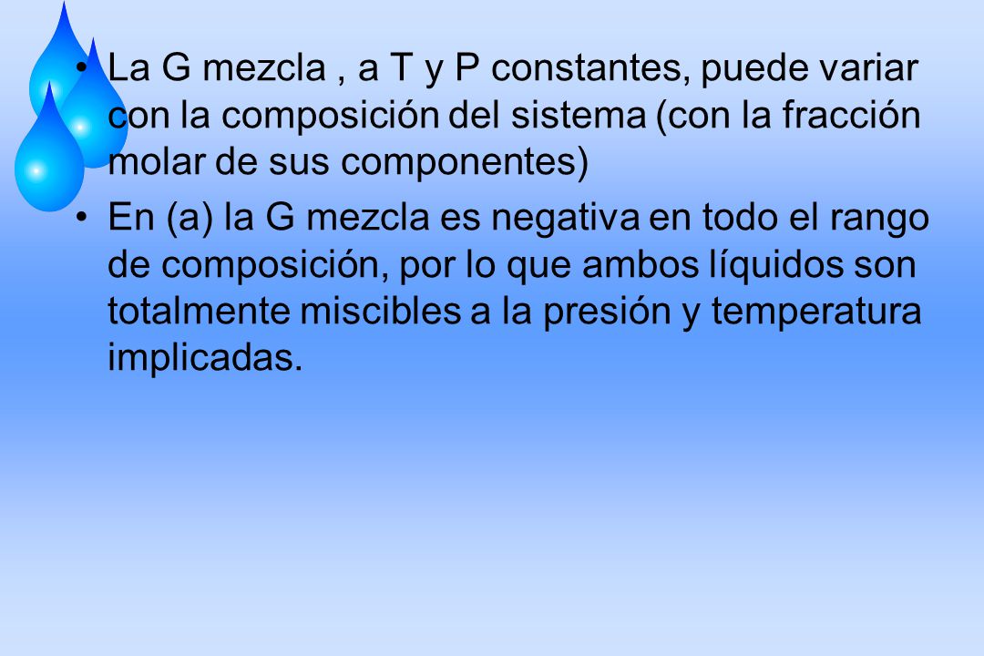 La G mezcla , a T y P constantes, puede variar con la composición del sistema (con la fracción molar de sus componentes)