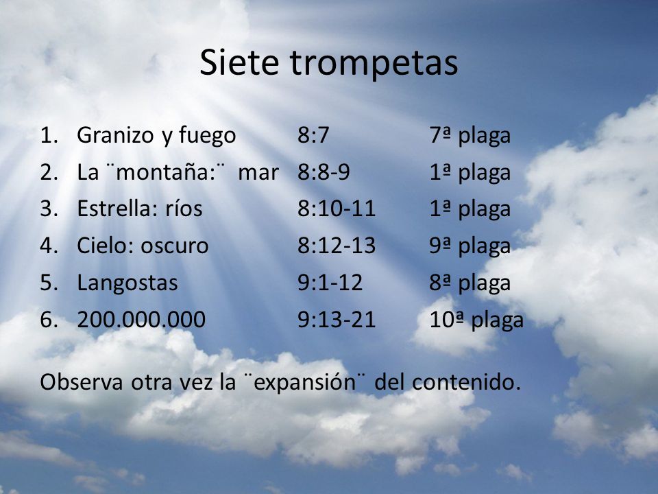 Siete trompetas Granizo y fuego La ¨montaña:¨ mar Estrella: ríos