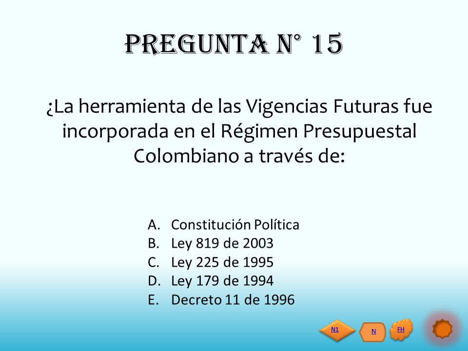 PREGUNTA N° 15 ¿La herramienta de las Vigencias Futuras fue incorporada en el Régimen Presupuestal Colombiano a través de: