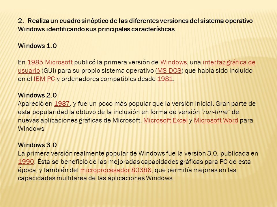2. Realiza un cuadro sinóptico de las diferentes versiones del sistema operativo Windows identificando sus principales características.