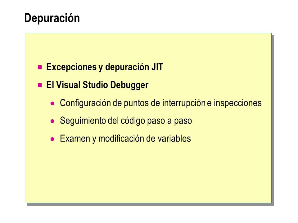 Depuración Excepciones y depuración JIT El Visual Studio Debugger