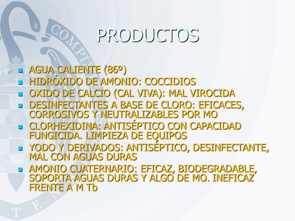 PRODUCTOS AGUA CALIENTE (86º) HIDRÓXIDO DE AMONIO: COCCIDIOS