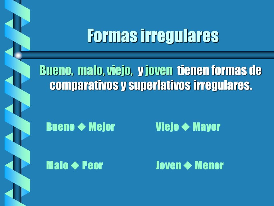 Formas irregulares Bueno, malo, viejo, y joven tienen formas de comparativos y superlativos irregulares.