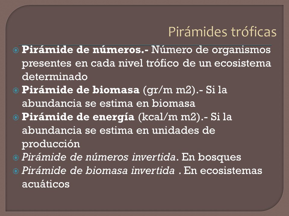 Pirámides tróficas Pirámide de números.- Número de organismos presentes en cada nivel trófico de un ecosistema determinado.