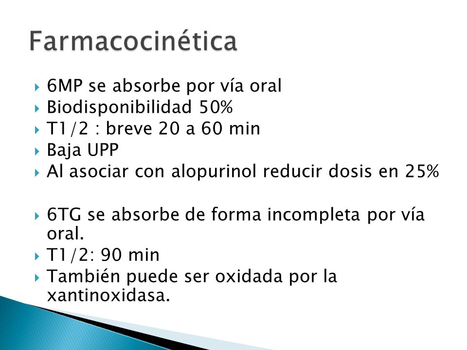 Farmacocinética 6MP se absorbe por vía oral Biodisponibilidad 50%