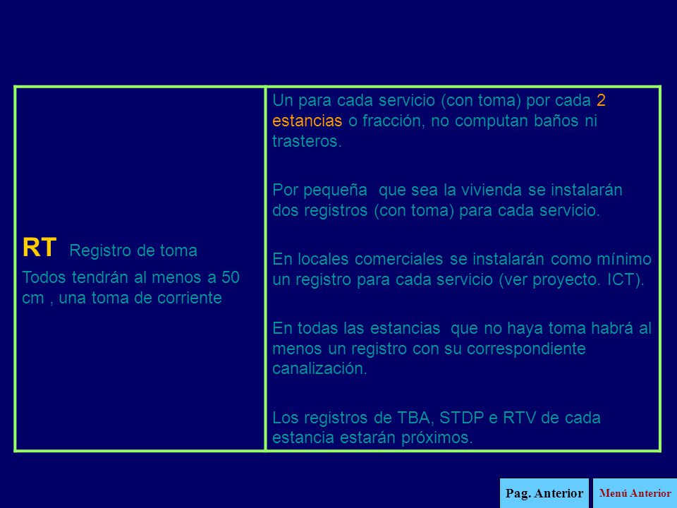 RT Registro de toma Todos tendrán al menos a 50 cm , una toma de corriente.