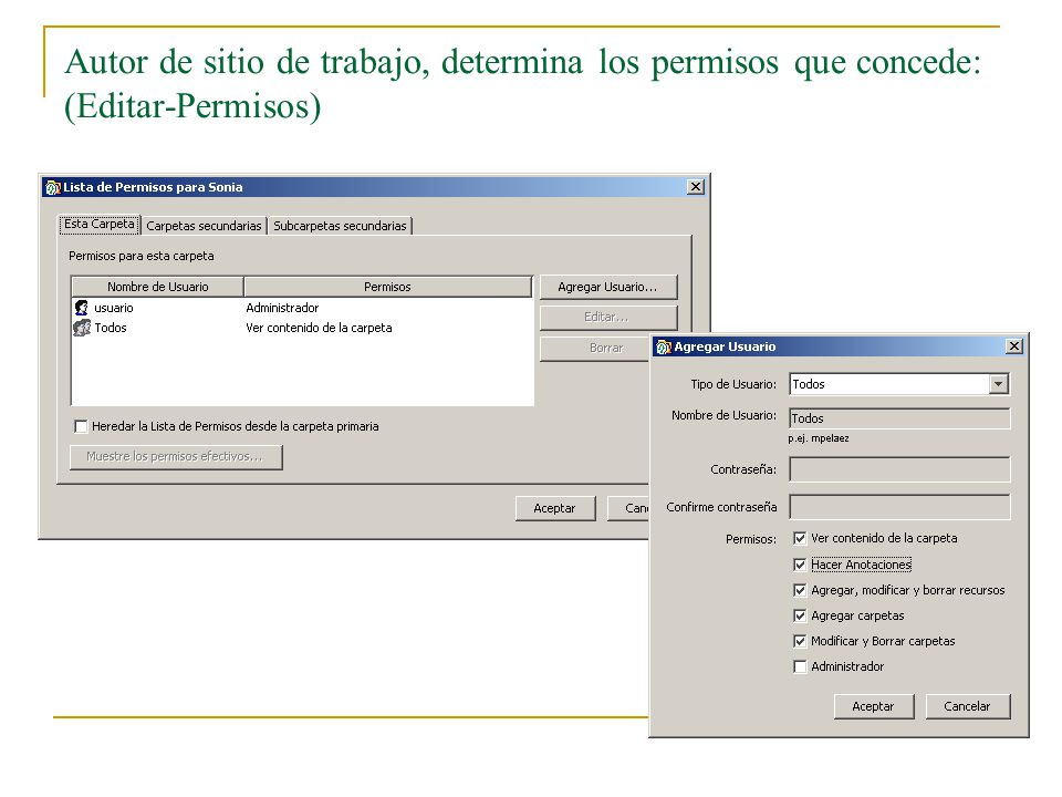 Autor de sitio de trabajo, determina los permisos que concede: (Editar-Permisos)