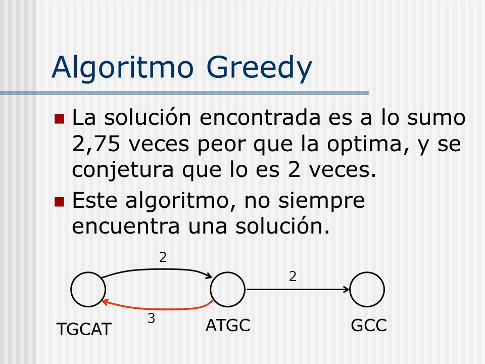 Algoritmo Greedy La solución encontrada es a lo sumo 2,75 veces peor que la optima, y se conjetura que lo es 2 veces.