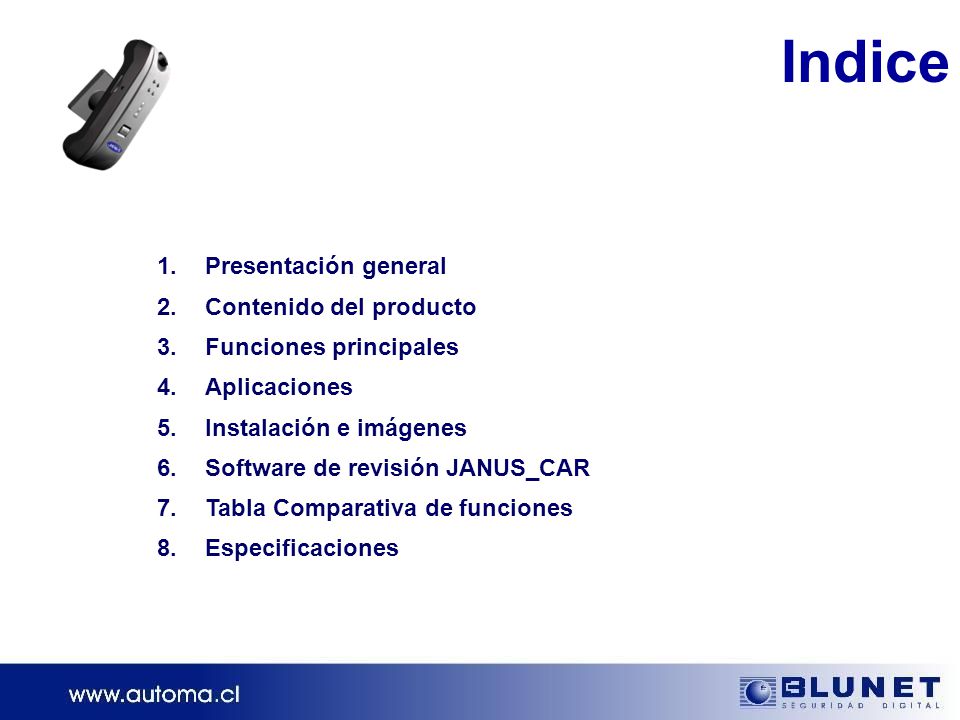 Indice Presentación general Contenido del producto