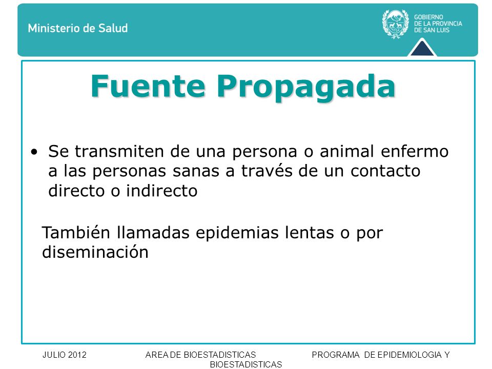 Fuente Propagada Se transmiten de una persona o animal enfermo a las personas sanas a través de un contacto directo o indirecto.