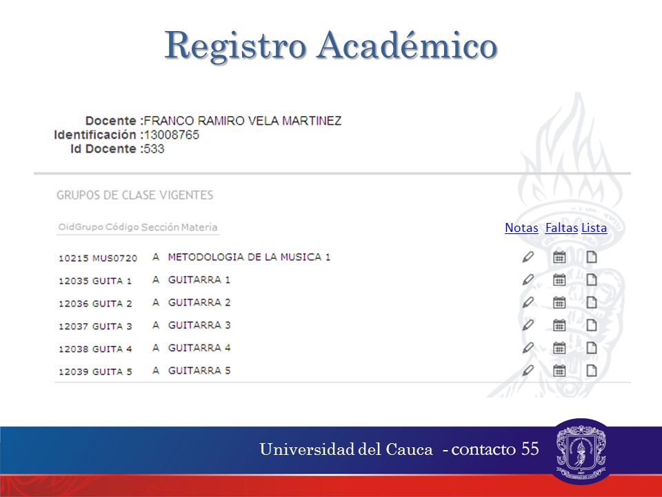 Registro Académico Notas Faltas Lista Universidad del Cauca - .