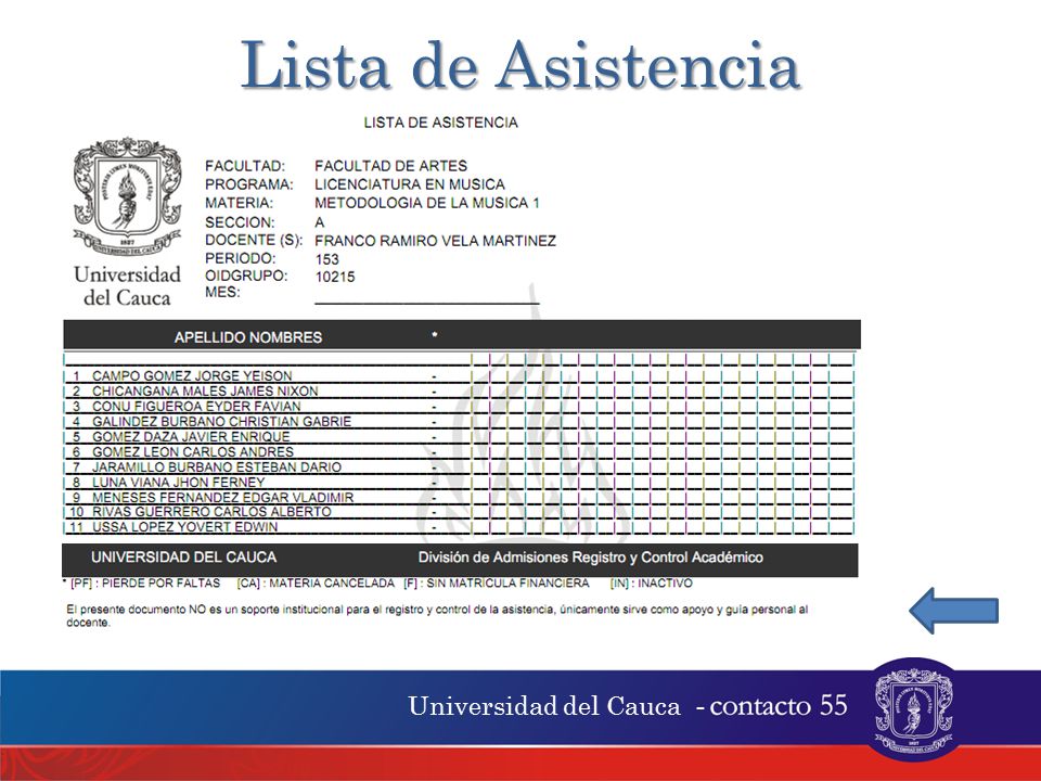 Lista de Asistencia Universidad del Cauca -