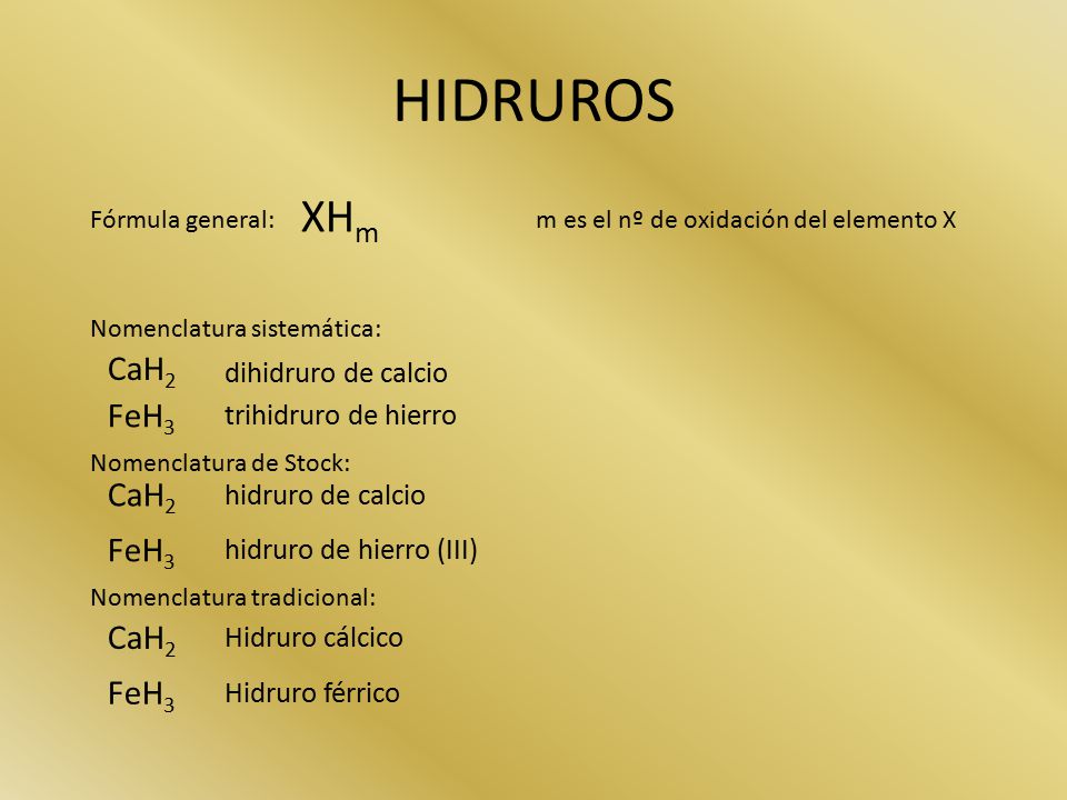 HIDRUROS XHm CaH2 FeH3 CaH2 FeH3 CaH2 FeH3 dihidruro de calcio