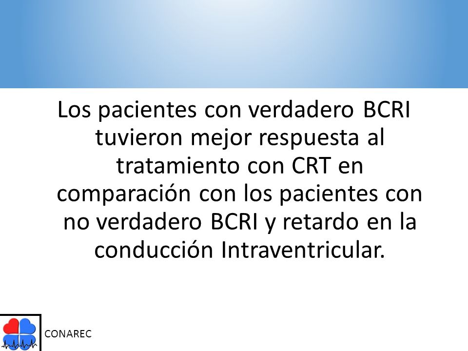 Los pacientes con verdadero BCRI tuvieron mejor respuesta al tratamiento con CRT en comparación con los pacientes con no verdadero BCRI y retardo en la conducción Intraventricular.